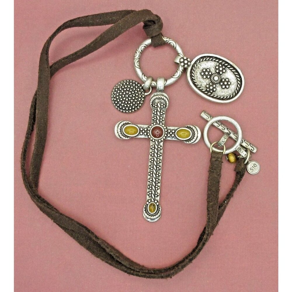 Vintage S10 Leather Necklace 18” Silver Plated Cross Charms Toggle Closure